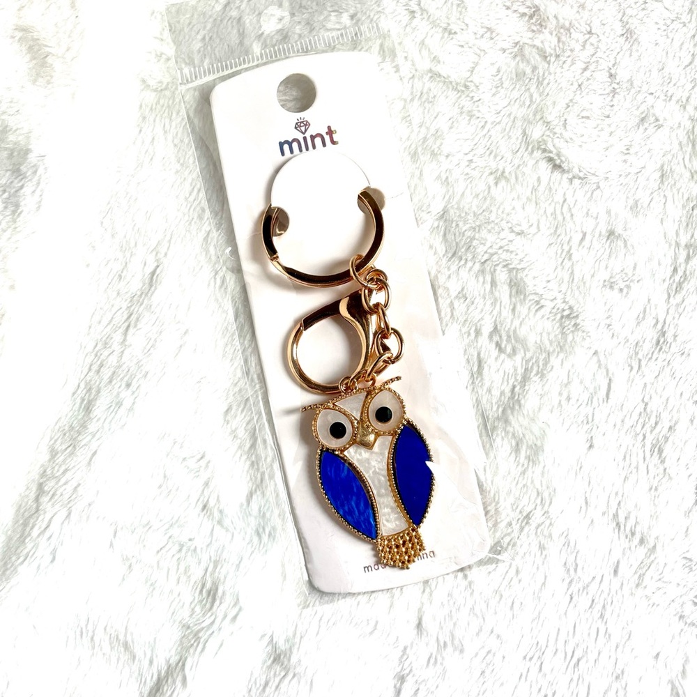 Mint Owl Keychain with Blue and Gold Details